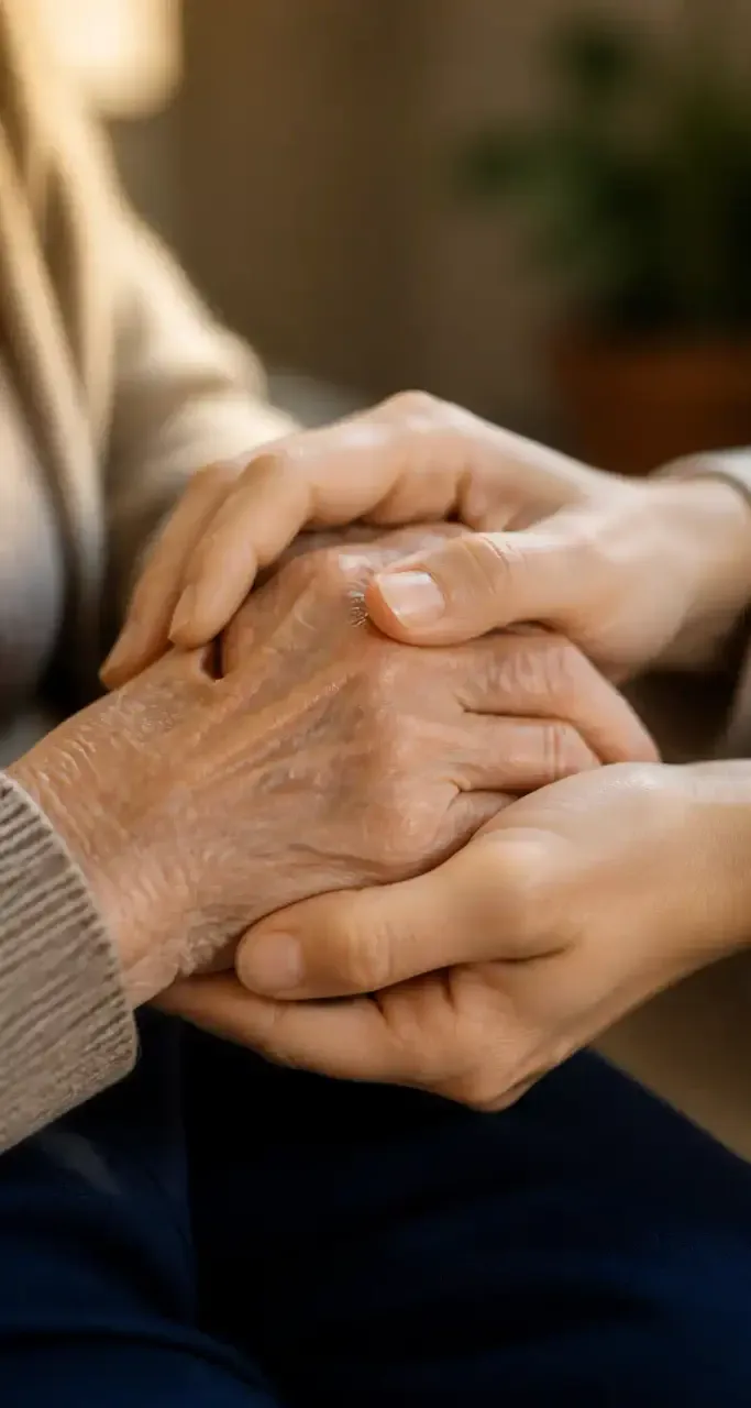 Mains d'un aidant accompagnant une personne âgée à domicile