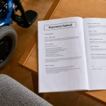Assurance fauteuil roulant : fauteuil roulant électrique et contrat d’assurance sur table