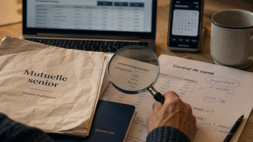 Courtier mutuelle senior : main avec loupe, dossier santé et garanties