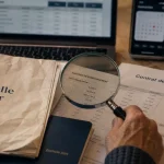 Courtier mutuelle senior : main avec loupe, dossier santé et garanties