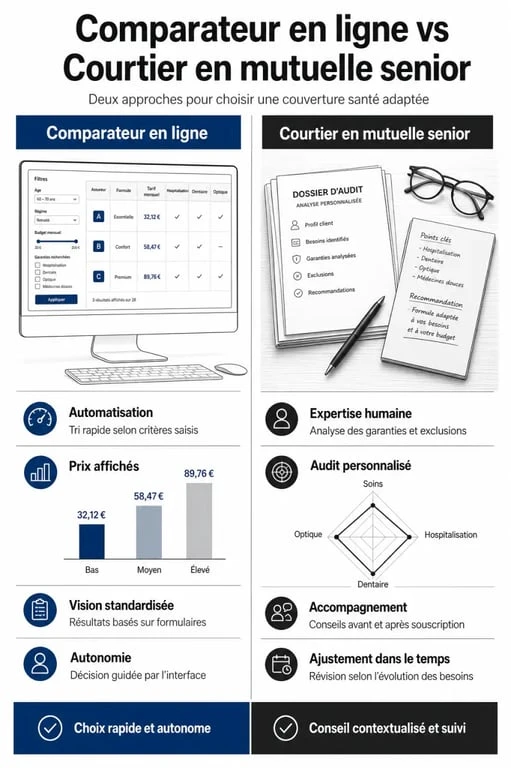 Comparatif entre un comparateur en ligne et un courtier en mutuelle senior pour choisir sa complémentaire santé