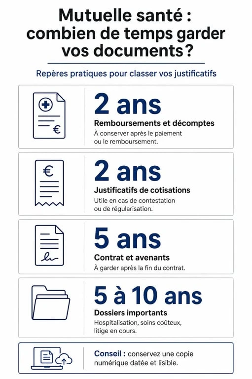 Infographie récapitulative des durées de conservation des papiers de mutuelle santé