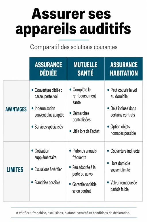 Infographie comparative des différentes options d'assurance pour appareil auditif : assurance dédiée, mutuelle et habitation.