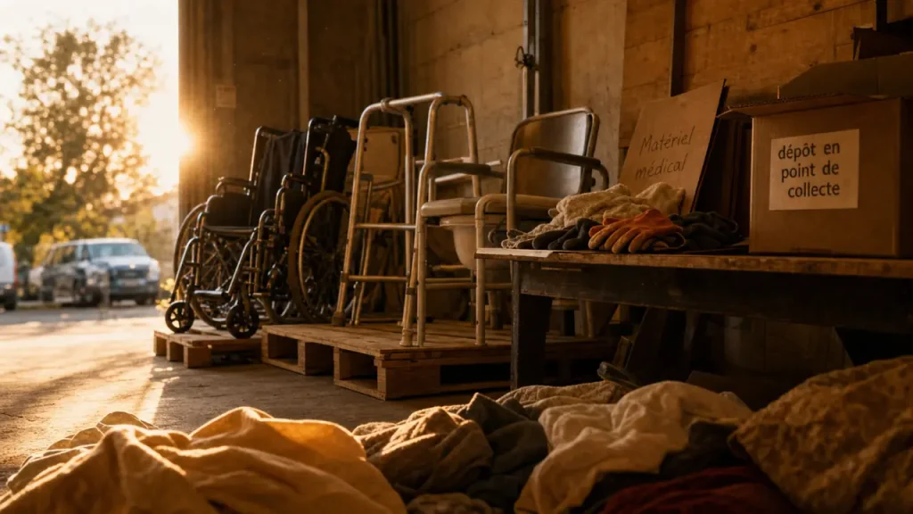 Matériel médical d'occasion à donner : point de collecte avec fauteuil roulant, déambulateur et étiquettes