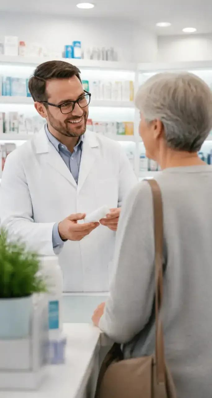 Pharmacien conseillant une cliente senior dans une pharmacie moderne