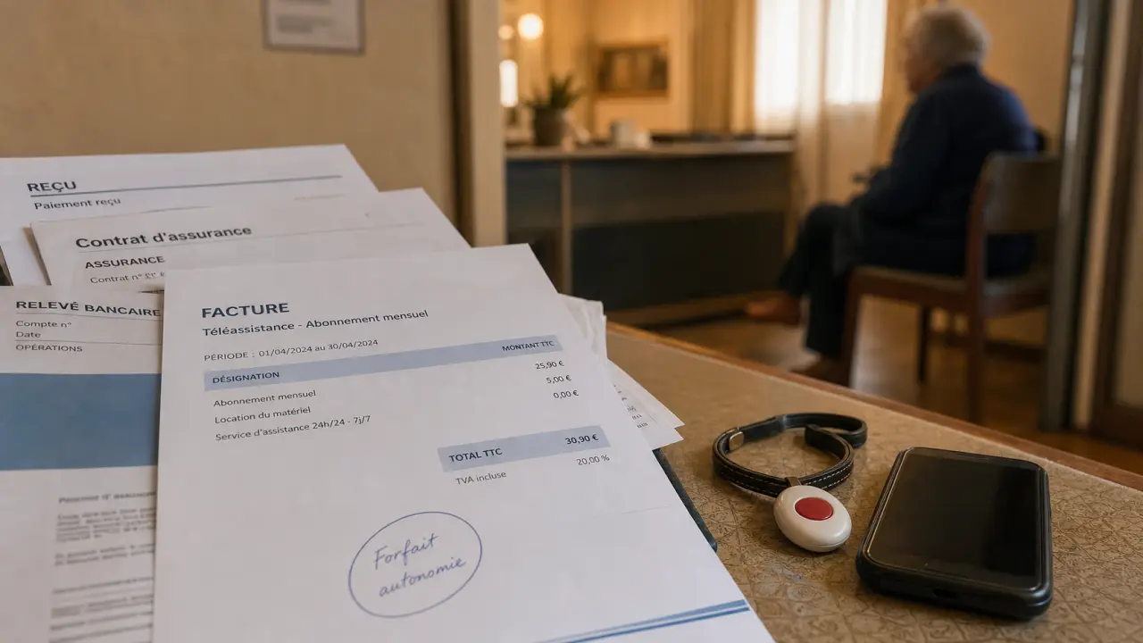 Prise en charge téléassistance par mutuelle : documents et facture ouverte, médaillon d’appel
