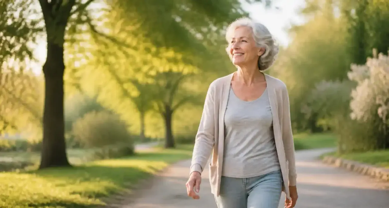 Femme senior en promenade dans un parc, symbole de bien-être et de santé au quotidien