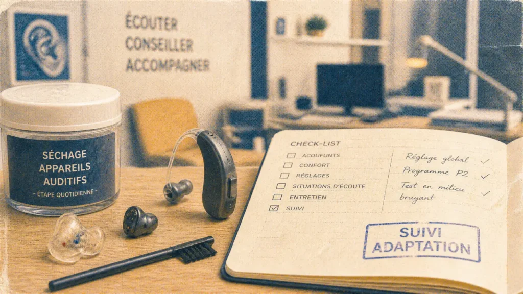 Effets secondaires prothèses auditives : douleur, larsen et démangeaisons, appareillage auditif sur table