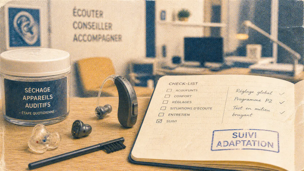 Effets secondaires prothèses auditives : douleur, larsen et démangeaisons, appareillage auditif sur table