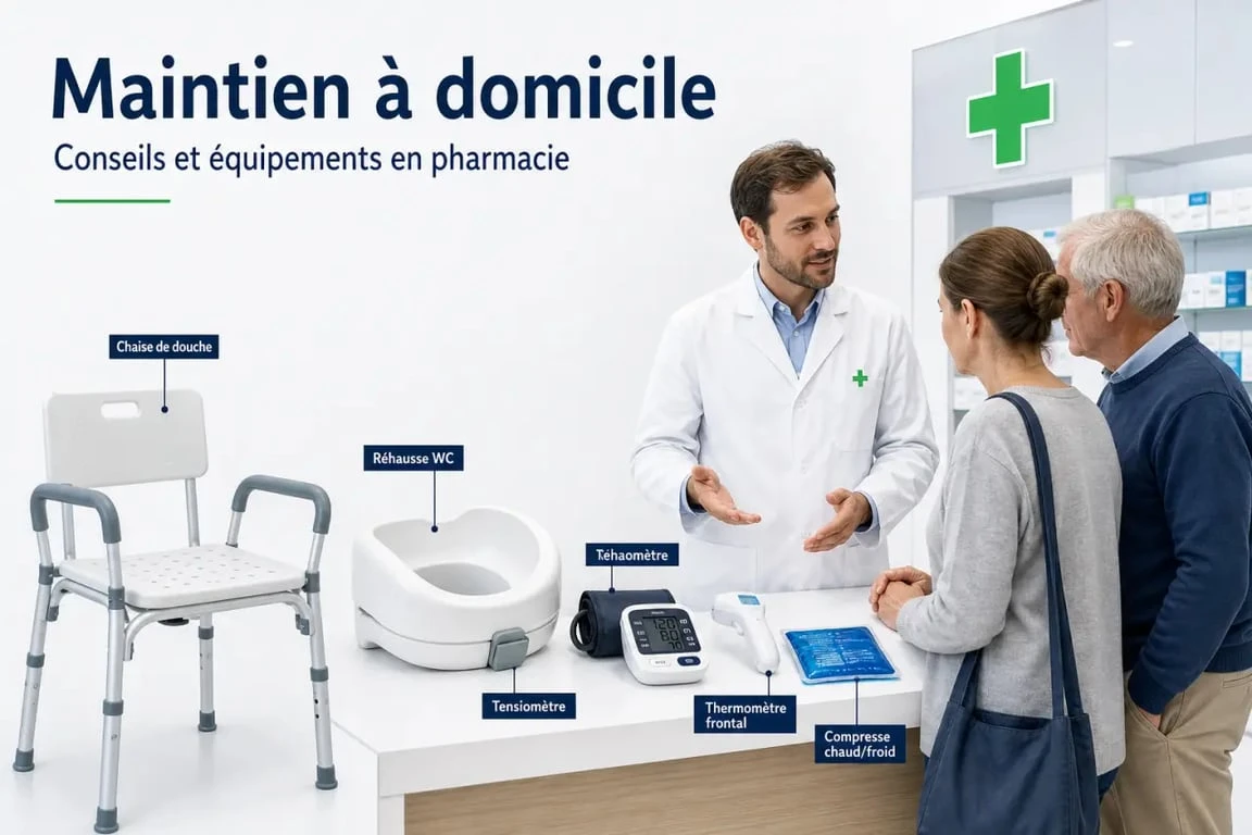 Mon matériel médical en pharmacie : pharmacien présentant des équipements de maintien à domicile et de suivi santé
