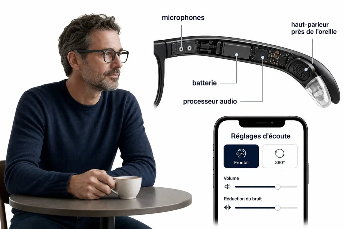 Lunette avec appareil auditif portée dans un café avec schéma des composants intégrés
