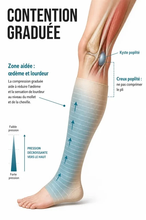 Kyste poplité et bas de contention : schéma médical du creux poplité montrant la compression de la jambe et la zone du kyste derrière le genou.