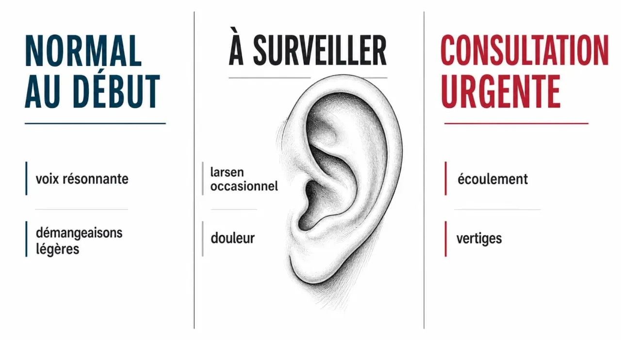 Effets secondaires prothèses auditives : tri visuel des symptômes normaux, à surveiller et urgents