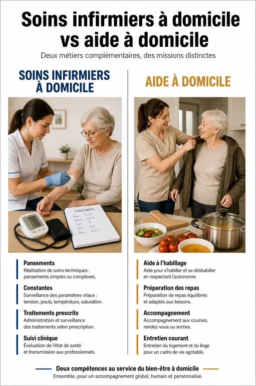 Soins infirmiers aide domicile : comparaison visuelle entre soins médicaux et aide du quotidien