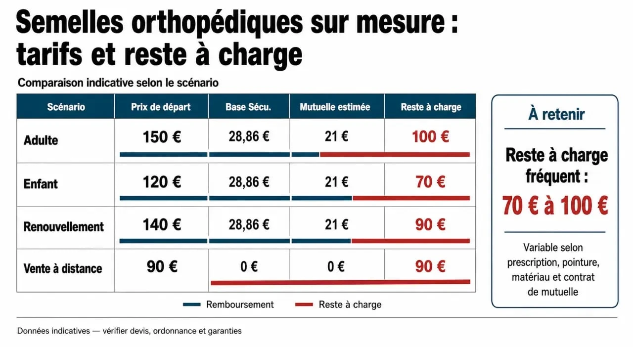 Semelles orthopédiques sur mesure tarif : comparaison visuelle des prix, remboursements et reste à charge