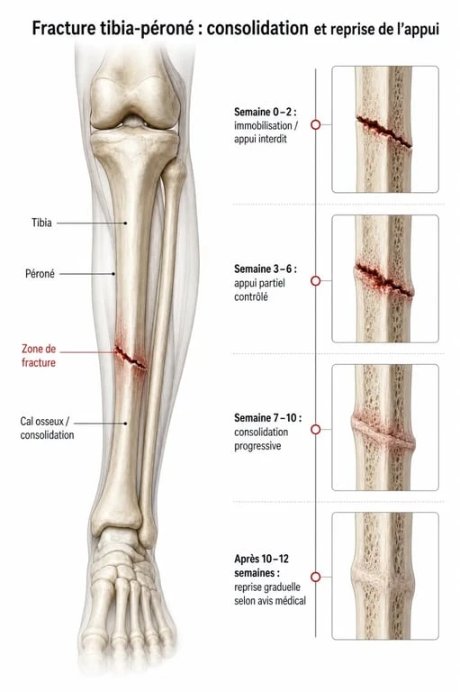 Schéma du tibia péroné cassé combien de temps pour remarcher avec phases de consolidation et reprise de l’appui