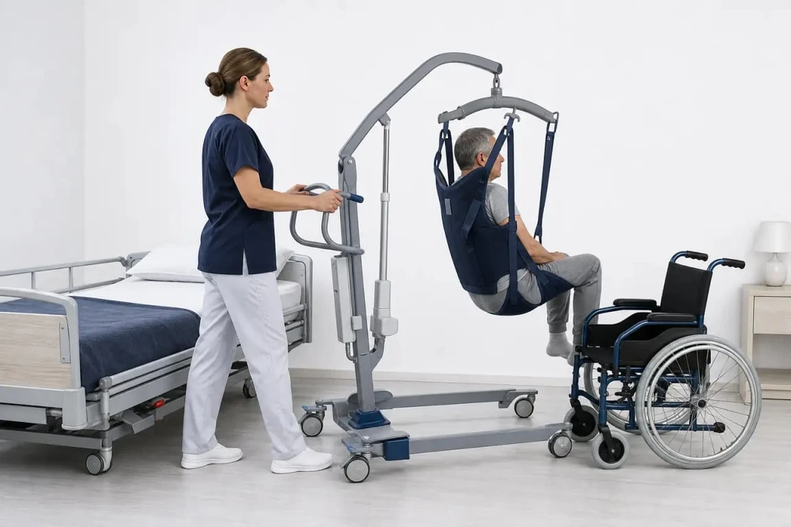 Leve personnes : transfert sécurisé d'un lit vers un fauteuil avec un lève-personne mobile