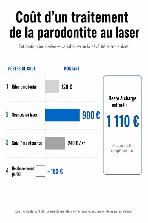 Traitement parodontite laser prix : visuel comparatif des postes de coût, du bilan au suivi