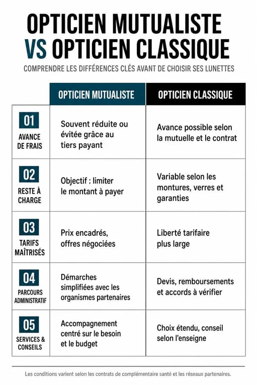 Mutualiste opticien : infographie comparative entre opticien mutualiste et opticien classique