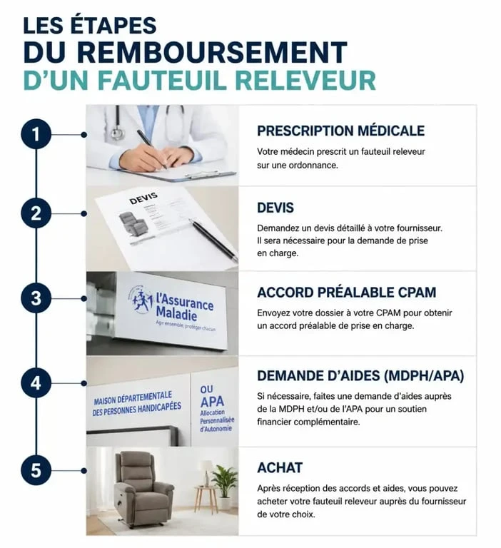 Infographie des étapes pour obtenir le remboursement d'un fauteuil releveur médical