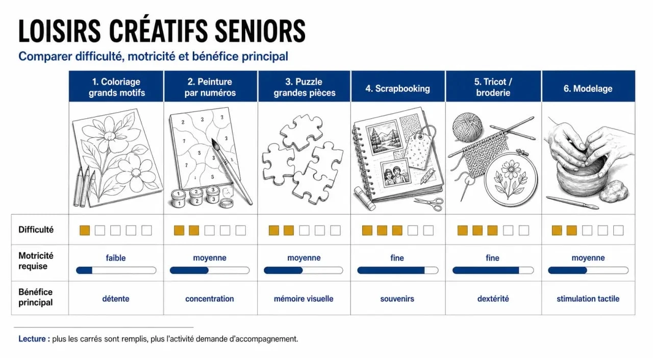 Loisirs créatifs pour personnes âgées : tableau comparatif des activités adaptées selon difficulté, motricité et bénéfices