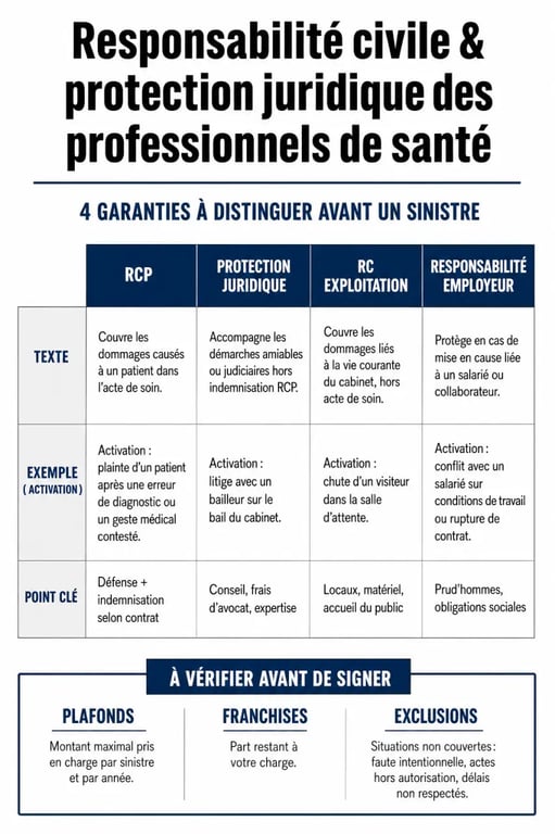 Responsabilité civile et protection juridique des professionnels de santé : comparaison visuelle des garanties RCP, PJ, RC exploitation et responsabilité employeur