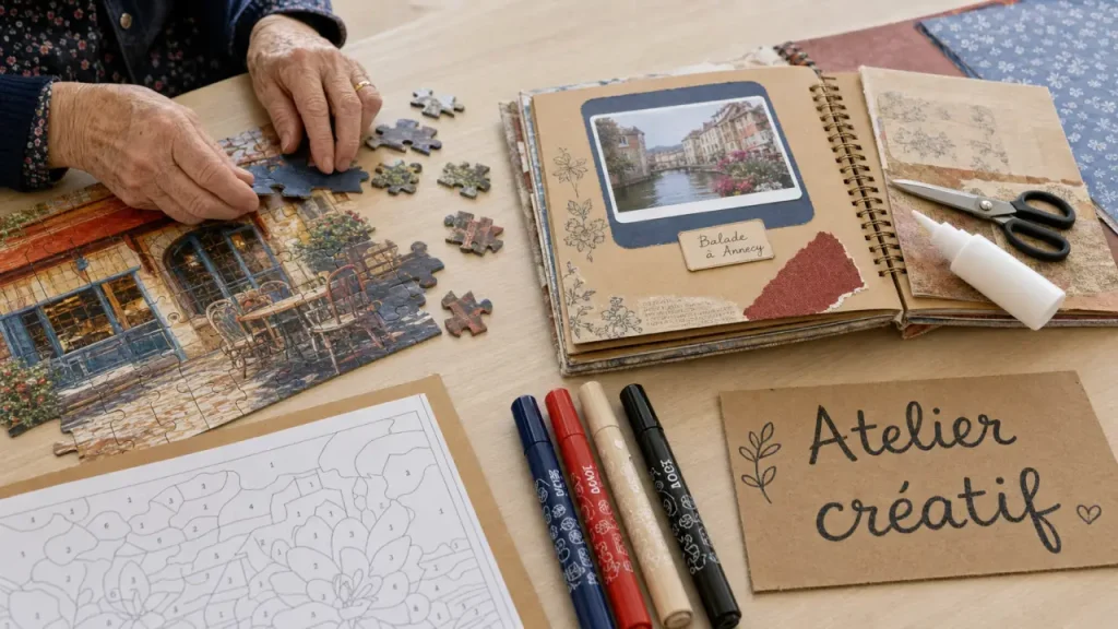 Loisirs créatifs pour personnes agées : puzzle et scrapbooking, mains en atelier créatif