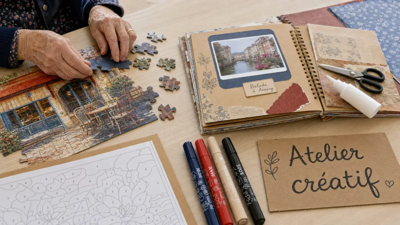 Loisirs créatifs pour personnes agées : puzzle et scrapbooking, mains en atelier créatif