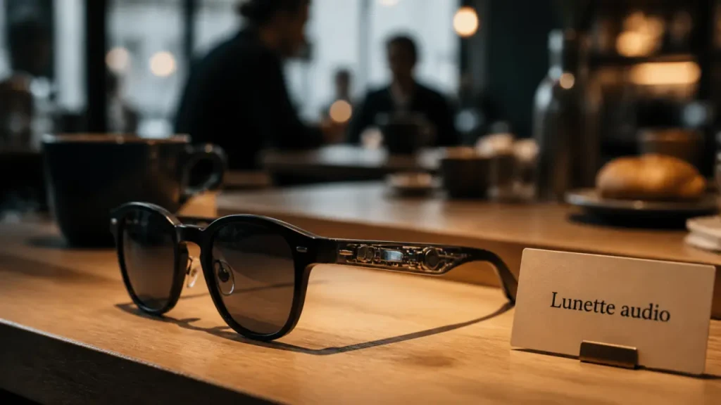 Lunette avec appareil auditif, monture avec composants audio près du temple