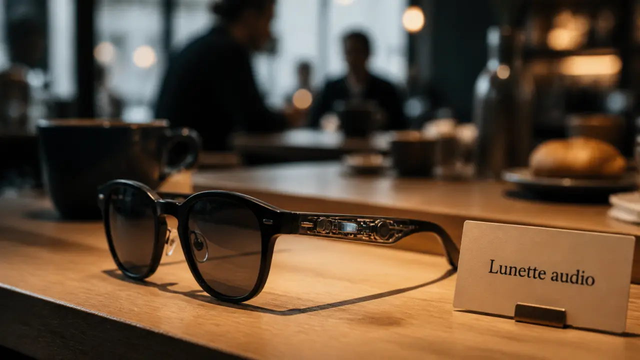 Lunette avec appareil auditif, monture avec composants audio près du temple
