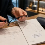 Mutualiste opticien montrant lunettes et devis pour réduire l’avance de frais
