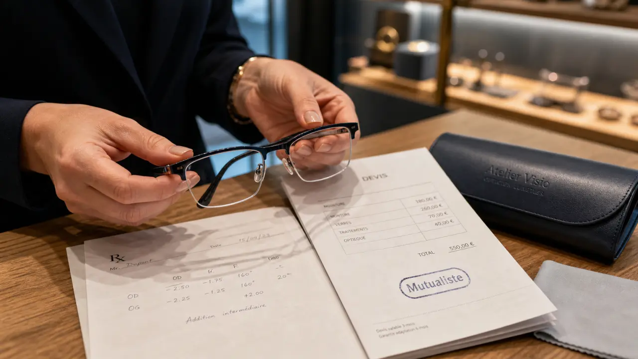 Mutualiste opticien montrant lunettes et devis pour réduire l’avance de frais