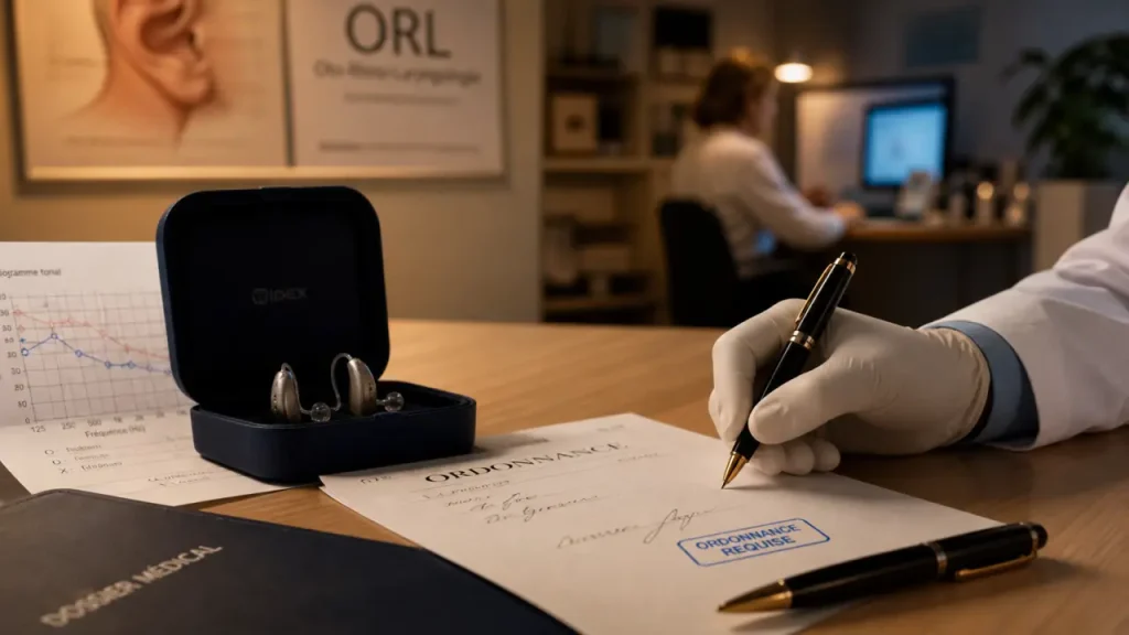 Un médecin prescrit un appareil auditif : audiogramme et ordonnance avant ORL