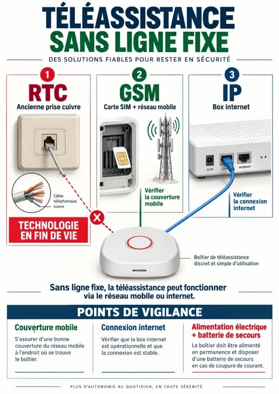 Infographie Présence Verte sans ligne fixe comparant les solutions RTC, GSM et IP