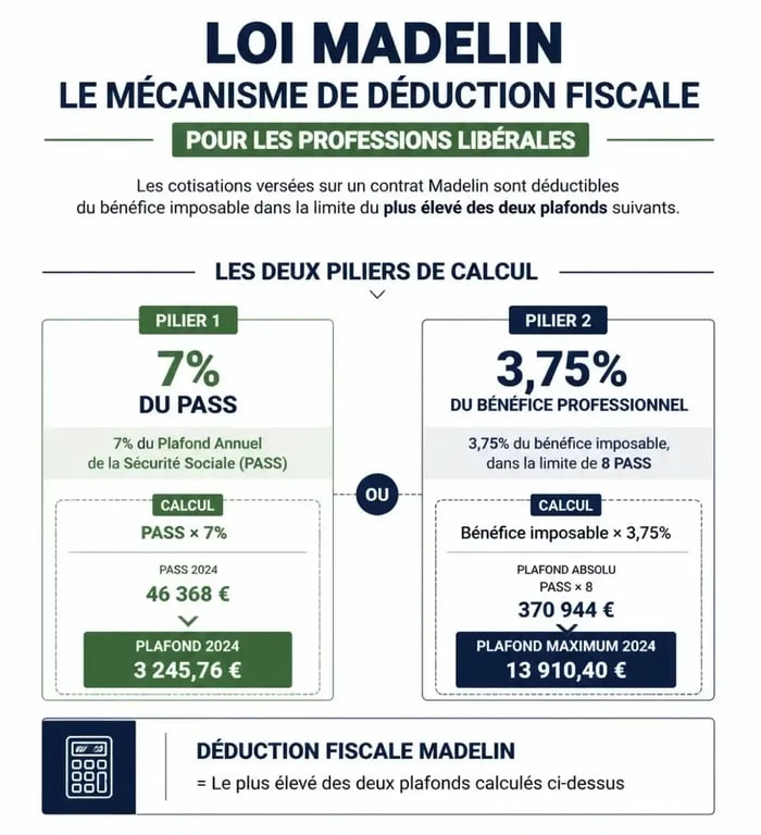 Infographie explicative du mécanisme de déduction fiscale Loi Madelin pour mutuelle des professions libérales