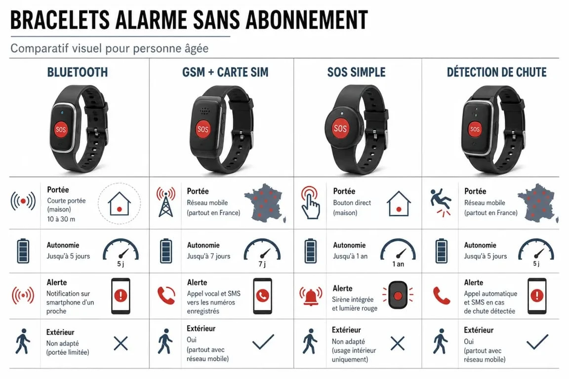 Comparatif de bracelet alarme personne âgée sans abonnement entre Bluetooth, GSM, SOS simple et détection de chute