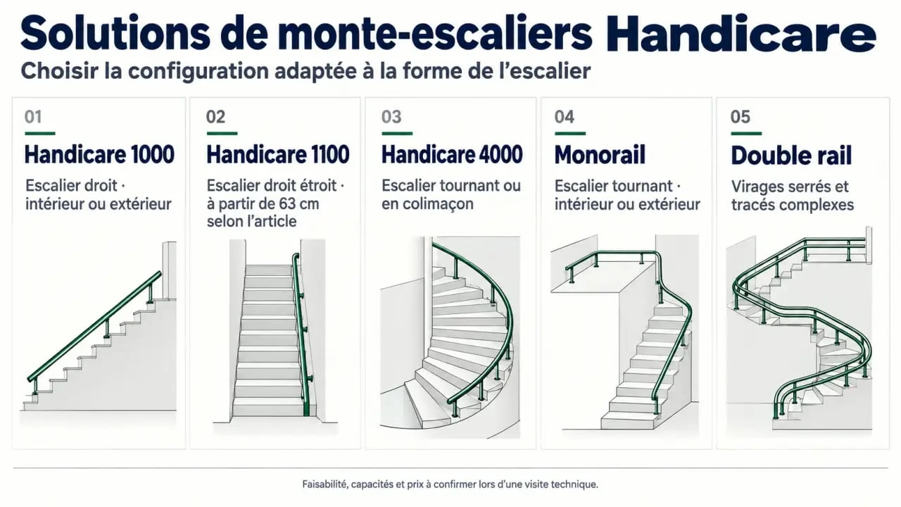 Infographie Handicare présentant les modèles adaptés aux escaliers droits, étroits, tournants et extérieurs