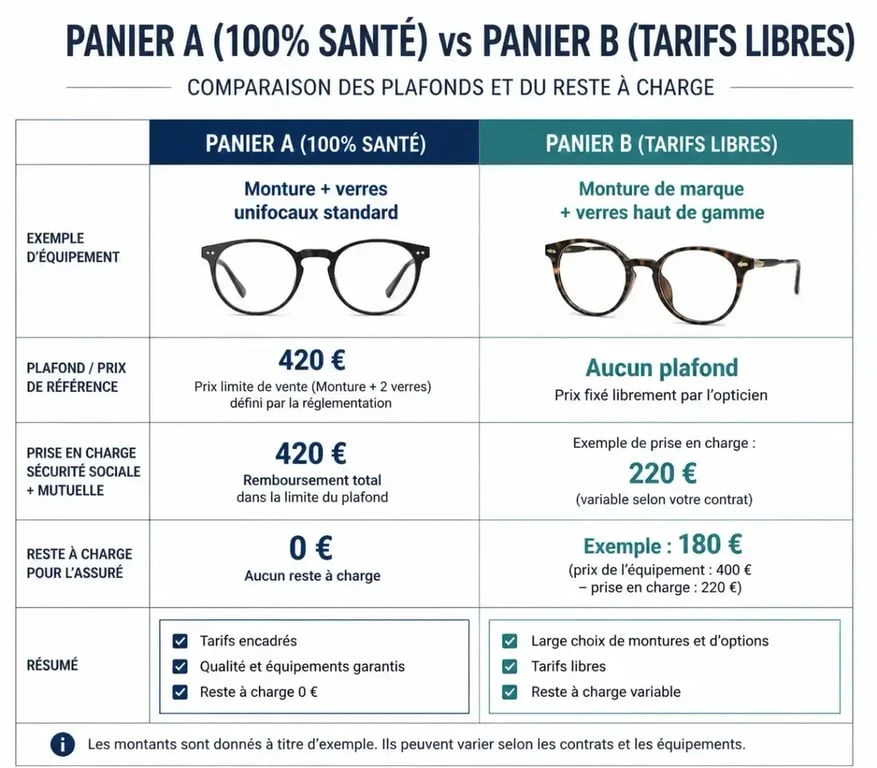 Comparatif visuel Panier A et Panier B pour le 100% santé lunettes