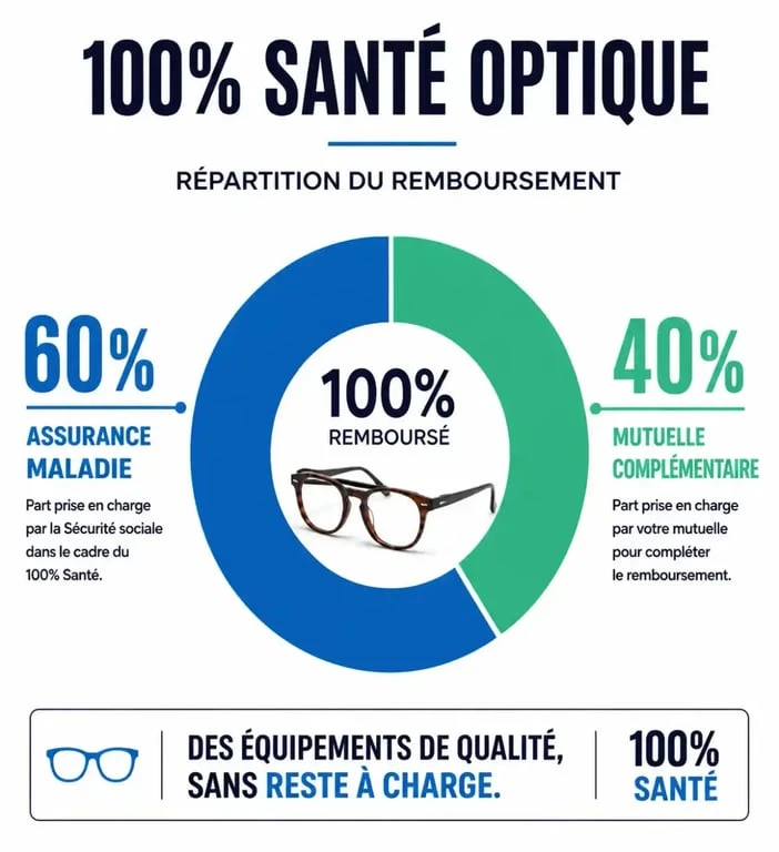 Infographie du remboursement 100% santé lunettes : 60% sécurité sociale et 40% mutuelle