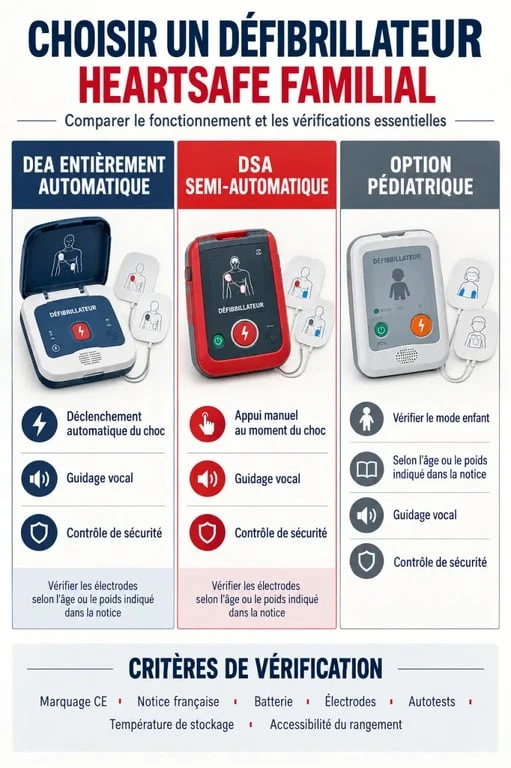 Choisir un défibrillateur Heartsafe familial : comparaison entre modèle automatique, semi-automatique et option pédiatrique
