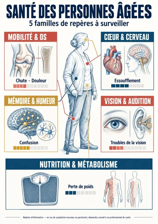 Infographie sur les maladies des personnes âgées et leurs principaux signes à surveiller