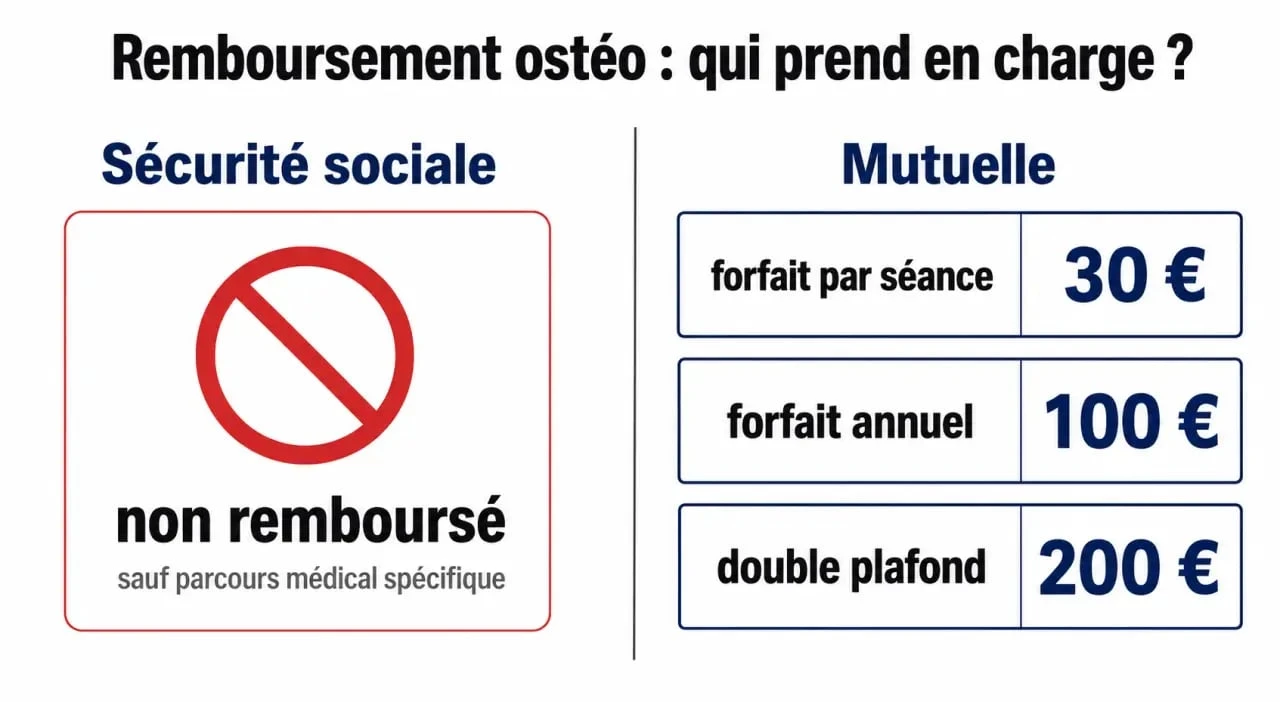 Remboursement ostéo : comparatif entre Sécurité sociale et mutuelle avec forfait par séance, forfait annuel et double plafond