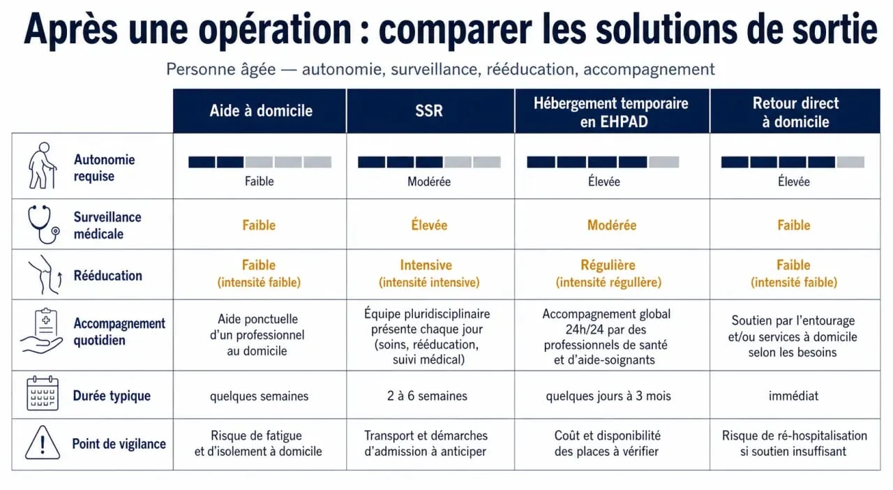 Récupération opération personne âgée : comparaison visuelle entre aide à domicile, SSR, hébergement temporaire et retour à domicile