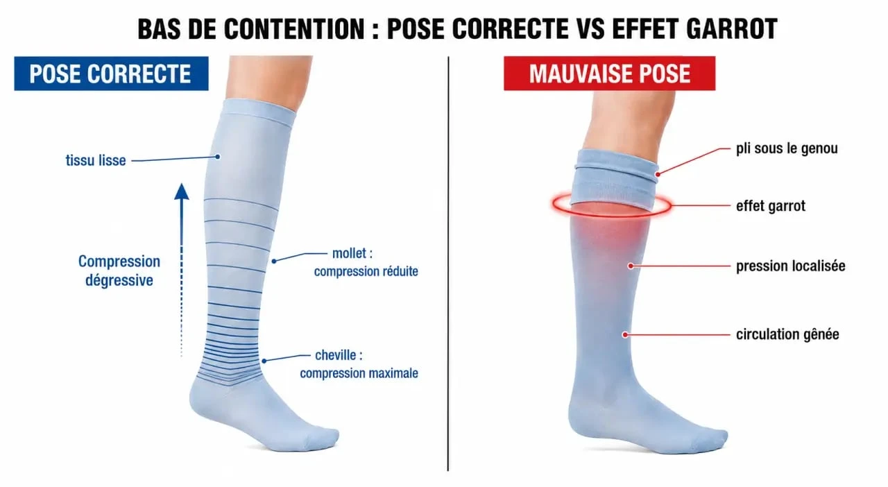 bas de contention trop serré risques : schéma de pose correcte et d’effet garrot avec pli sous le genou