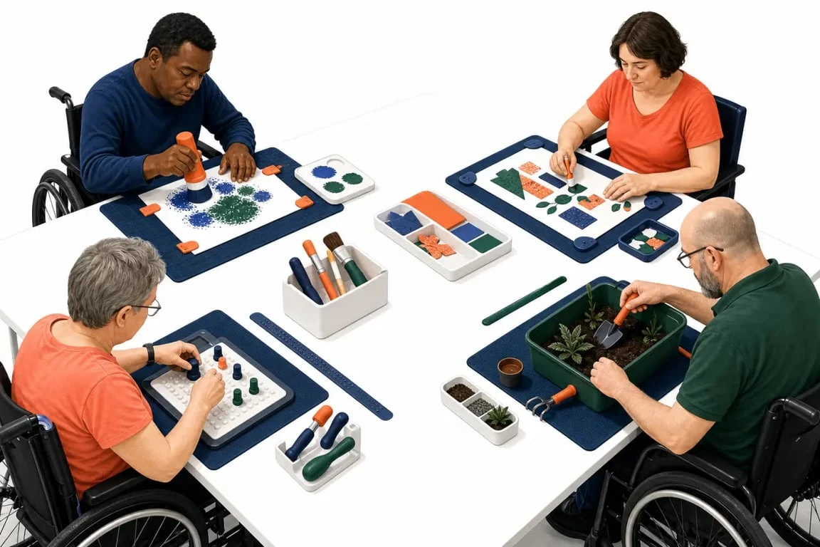 Loisirs créatifs pour personnes handicapées dans un atelier inclusif avec matériel adapté