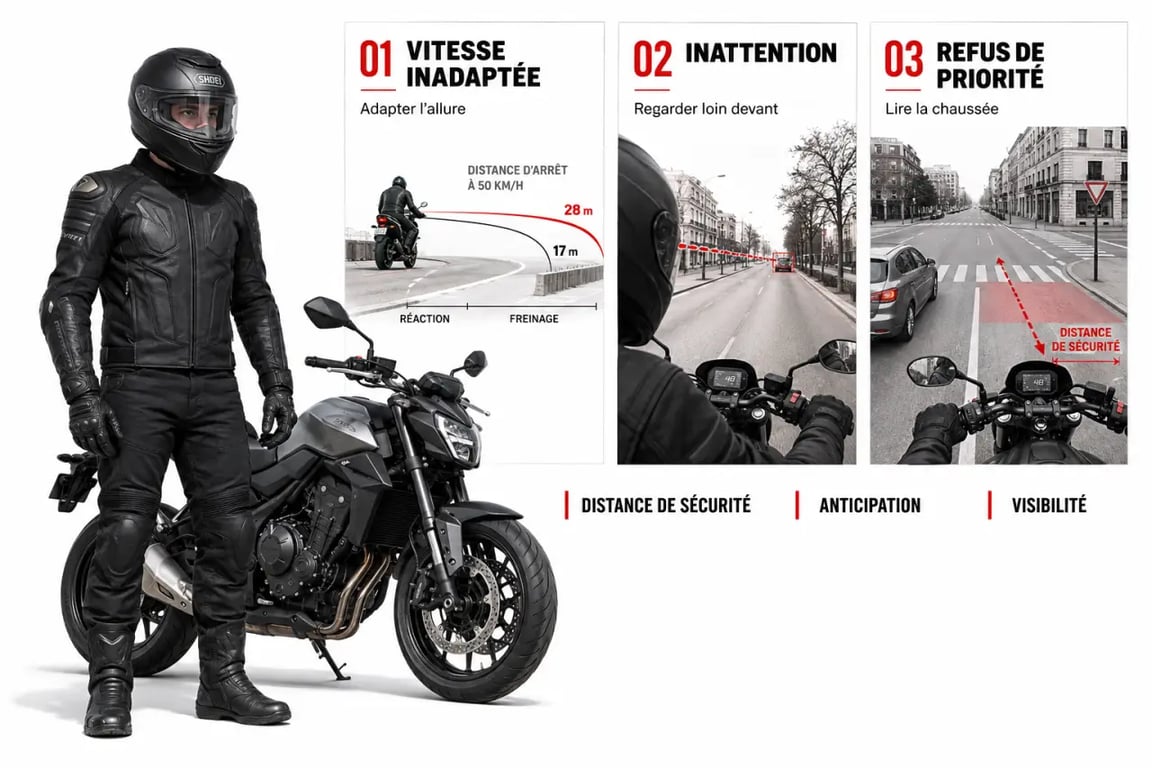 Prévenir les risques routiers et protéger sa santé à moto avec un motard équipé et des rappels visuels des principaux dangers