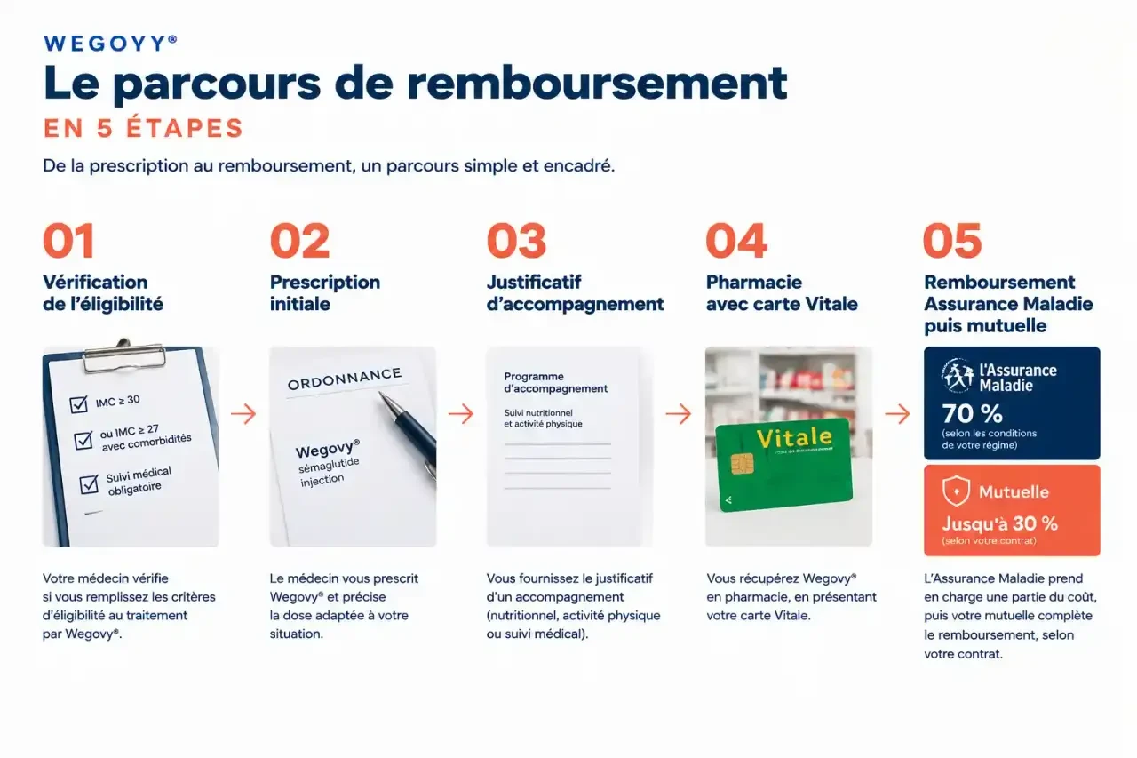 Parcours de remboursement de Wegovy par la mutuelle et l'Assurance Maladie, de la prescription à la pharmacie