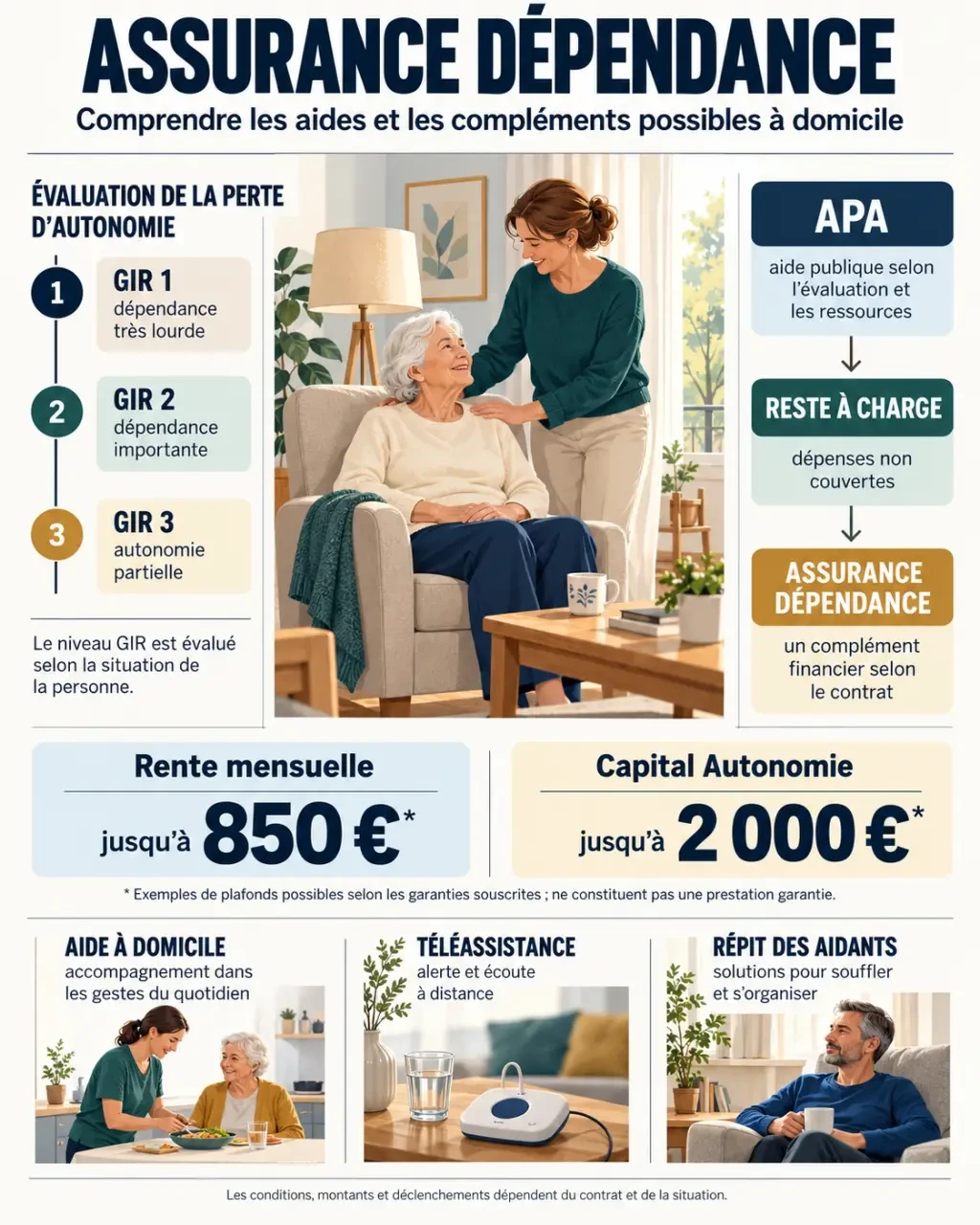 Infographie sur l’assurance dépendance MGEN, les niveaux GIR, l’APA, la rente et l’aide aux proches aidants
