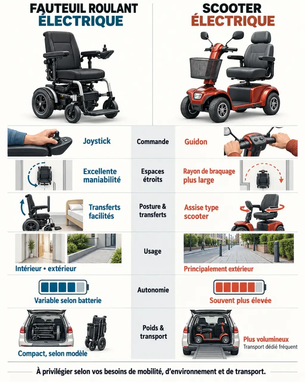 Infographie comparative entre fauteuil roulant électrique et scooter électrique
