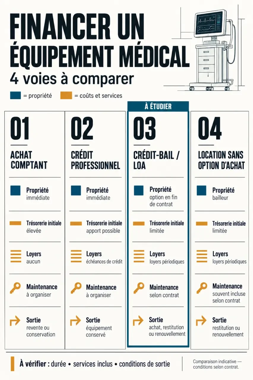 Infographie comparative sur le leasing de matériel médical, l'achat comptant, le crédit professionnel et la location